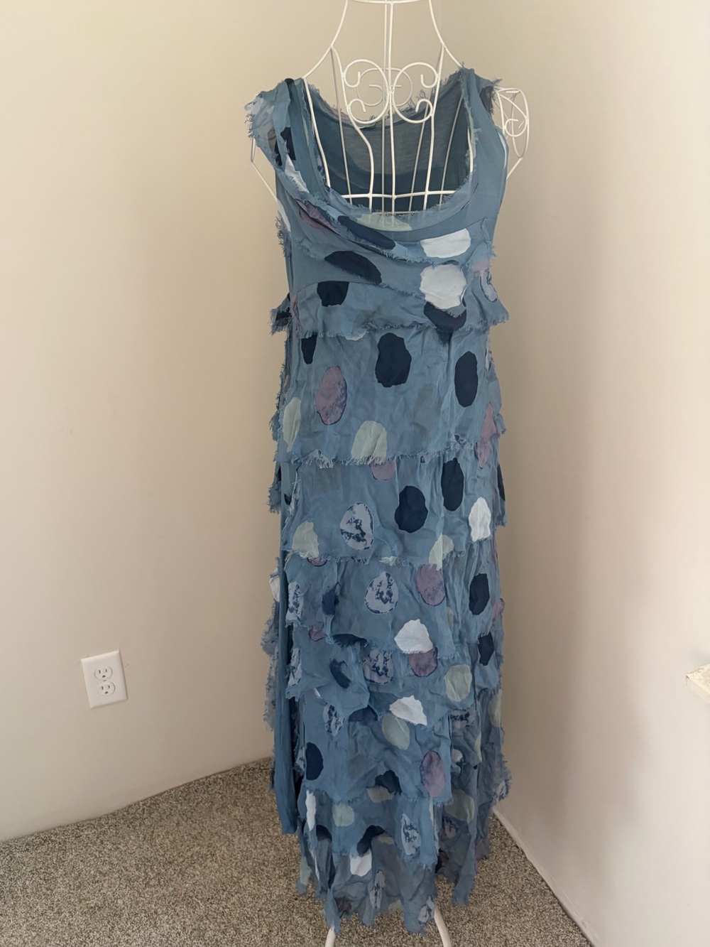 Boho Tiered Maxi Dress in Dusty Blue with Polka Patchwork- Made in Italy